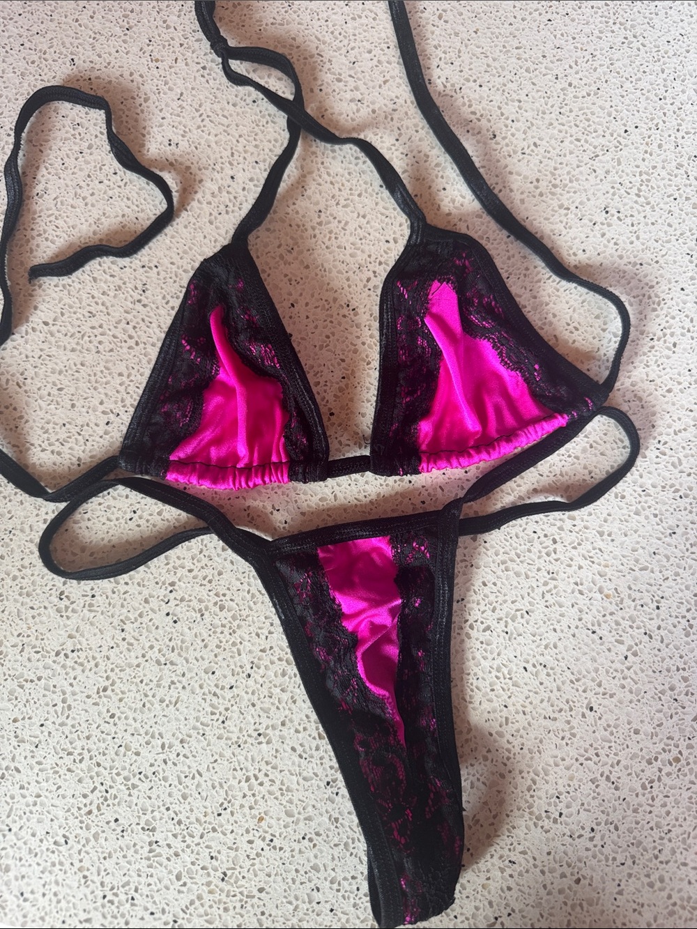 Pink Satin & Black Lace Triangle Bikini Lingerie Set